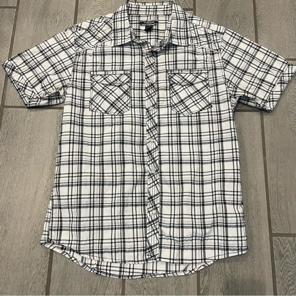 COURAGE CLOTHING CO White Black Plaid SS Pearl Snap Western Shirt Men Large